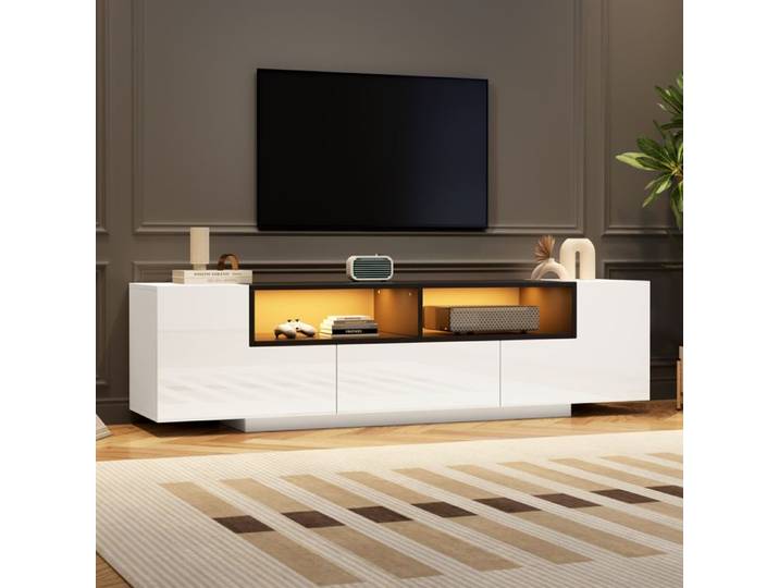 Meuble TV avec lumière LED Armoire TV au sol avec 2 porte 1 tiroir Meuble TV de salon Support TV Armoire TV blanc 180x40x48cm
