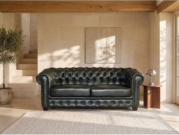 Chesterfield Ledersofa 3-Sitzer - Büffelleder - Schwarzgrün - BRENTON