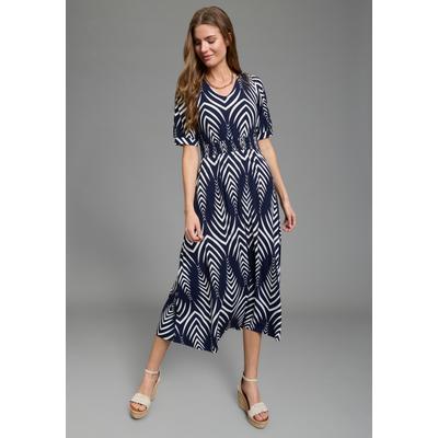Midikleid LAURA SCOTT, Damen, Gr. 38, N-Gr, blau (marine, gemustert), Jersey, Obermaterial: 95% Viskose, 5% Elasthan, gemustert, figurumspielend Midi, V-Ausschnitt, Puffärmel Bündchen, Kleider Midikleid, mit Ikat-Muster und Smok-Einsatz