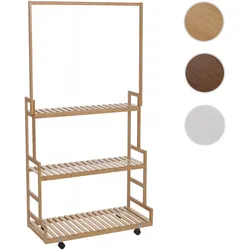 Bambus Standgarderobe HWC-Q33, Garderobenständer Kleiderständer Schuhregal, Stange 3 Ablagen Rollen 175x93x38cm ~ natur
