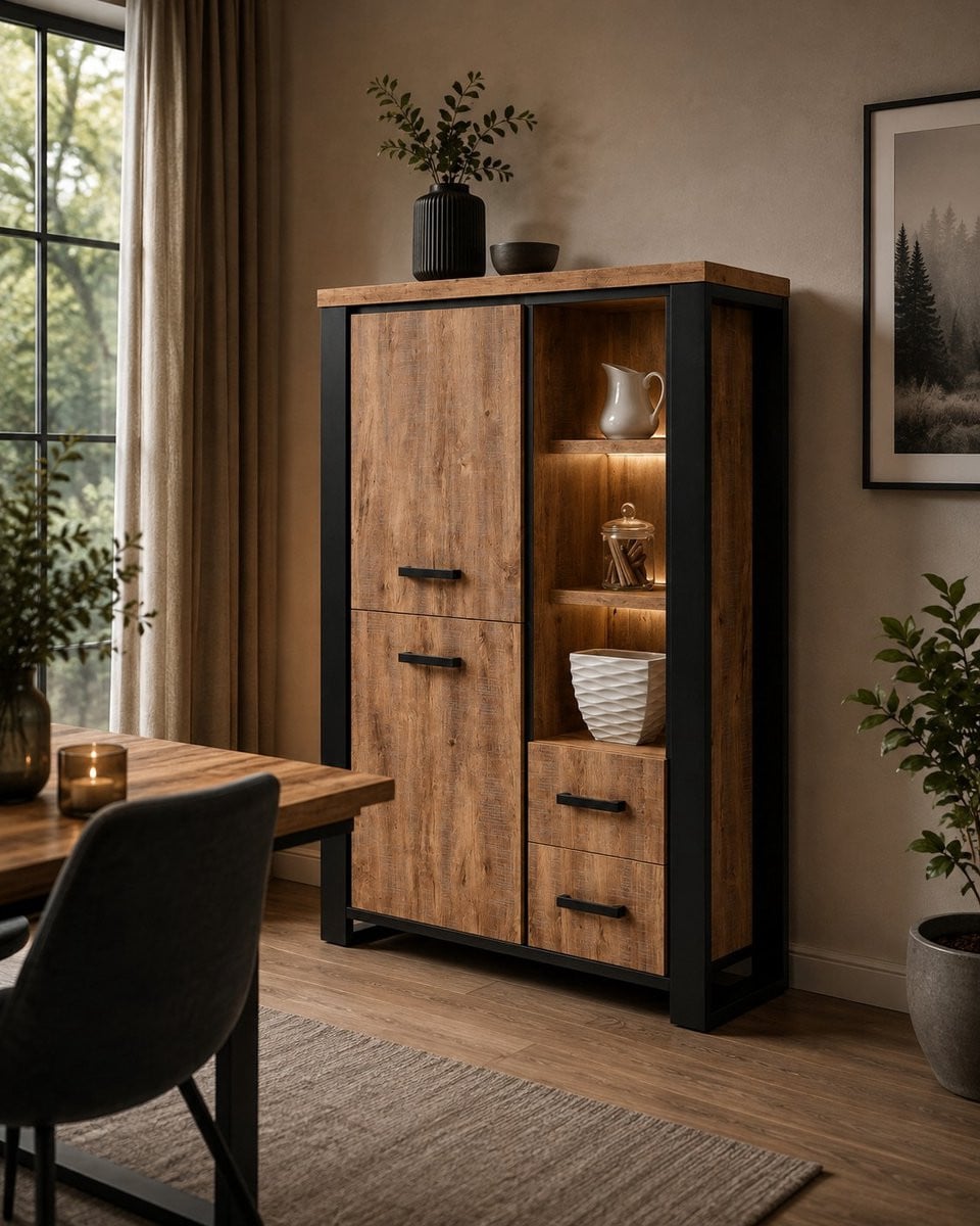 Belfurn Barkast Highboard Nestor in Mango Decor met Zwarte Zijbalken, Hoogte: 160 cm
