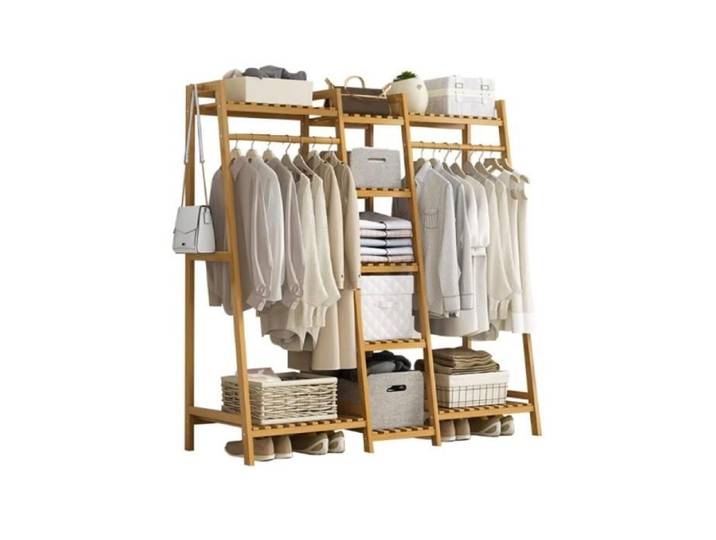 Portant à Vêtements Porte-vêtements Bambou avec Étagères à Chaussures Porte-Manteau Tringle Meuble Charge Lourde Rangement