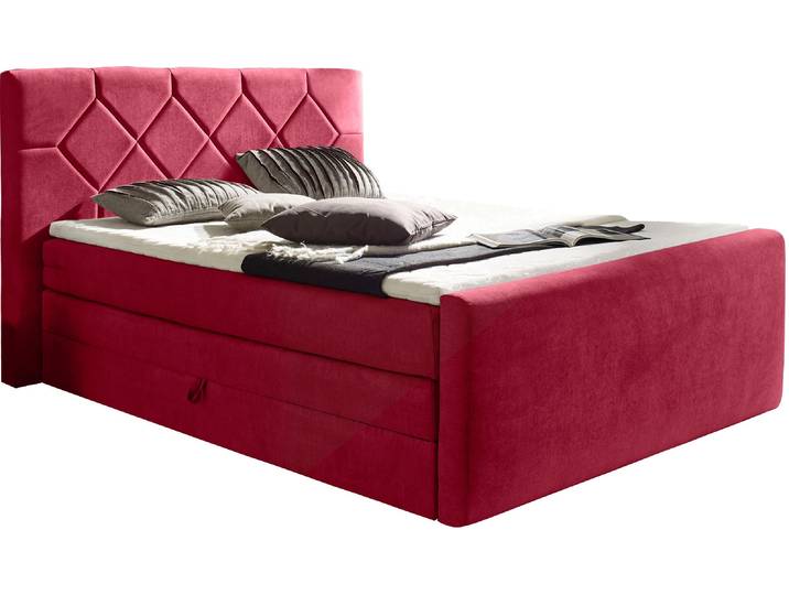 Boxspringbett HOME AFFAIRE Atlanta , rot, B:160cm L:221cm, Kunststoff, Massivholz, Stoff, Komplettbetten, Boxspringbett, inklusive Topper und Bettkasten