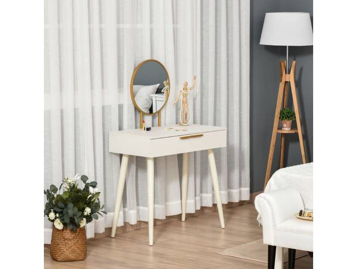Coiffeuse blanche élégante avec miroir rond en mélaminé pratique spacieux 80 x 40 x 123 cm