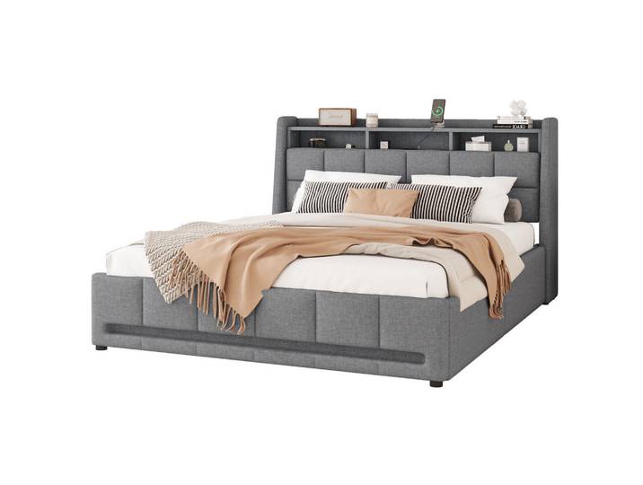 Modfu Polsterbett aus Leinen 140x200 cm in Grau mit LED & USB-Ladebuchse, 140x200 cm, Schlafzimmer, Betten, Polsterbetten