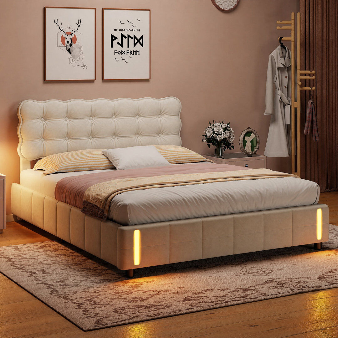 Brayden Studio Shane Velvet Upholstered Ottoman Storage Bed Frame with LED Sensor Night Lights Beige Kingsize (5')