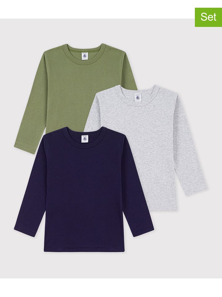 PETIT BATEAU 3er-Set: Longsleeves in Grün/ Grau/ Schwarz - 86