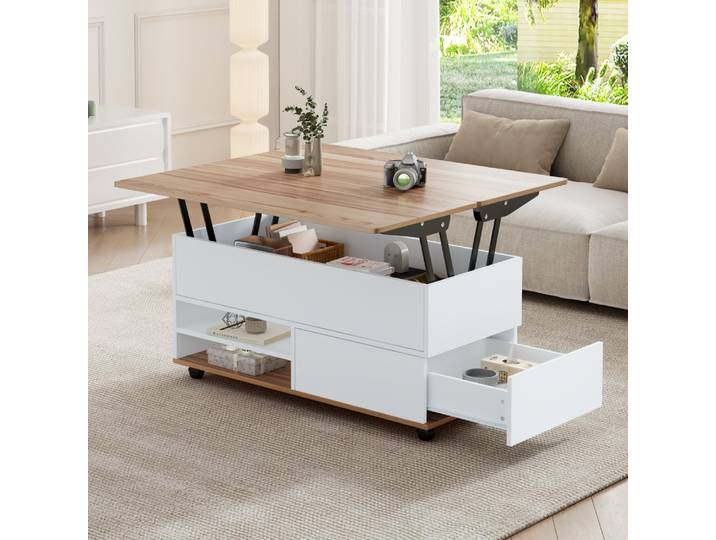 Table basse 100*98*65cm réglable en hauteur, table basse avec rangement et étagère cachés, table d'appoint avec rouleaux et tiroirs