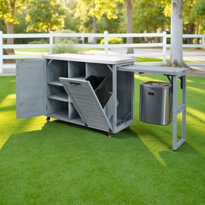 ZWYO HOSIMU "78.3"" Outdoor Kitchen Island with Foldable Grill Table, Wooden Grill Cart with Trash Can Storage & Stainless Steel Top for Lawn"