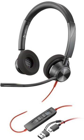 Poly Blackwire 3320 MS USB-C + Dongle USB-C/A Micro-casque professionnel avec double connexion USB-A + USB-C, parfait pour l'usage intensif.