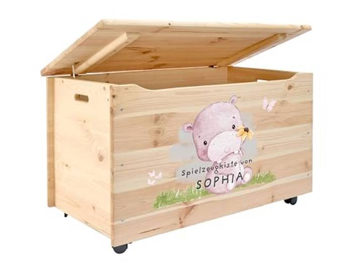 Pinus Spielzeugkiste personalisierbar 90x48x51 cm mit Deckel Rollen Kiefernholz, Wunschname personalisiert, große Aufbewahrung, für Spielzeug Decken Erinnerungen, Kinderzimmer Geschenk Geburt