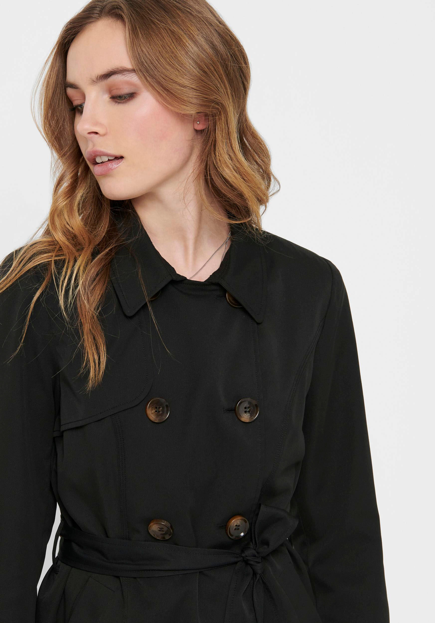 Trenchcoat ONLY "ONLVALERIE TRENCHCOAT OTW NOOS", Damen, Gr. XS, schwarz, Web, Obermaterial: 100% Polyester, unifarben, figurumspielend ca. Mitte Oberschenkel, Mäntel Trenchcoat schwarz XS