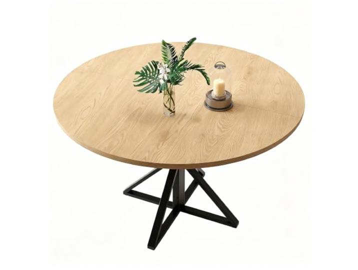 Koioplie Esstisch rund 120 cm Eiche-Optik Metall-Mittelfuß Schwarz/Holz Runde Tischplatte, Mittelfuß, Platzsparendes Design, Farmhouse-Stil