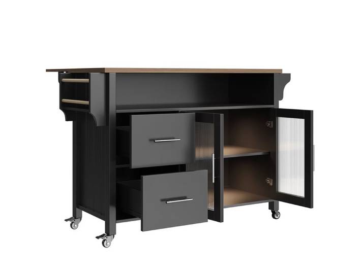 Îlot central de cuisine roulant noir avec plateau pliant effet bois 2 tiroirs LED et porte vitrée