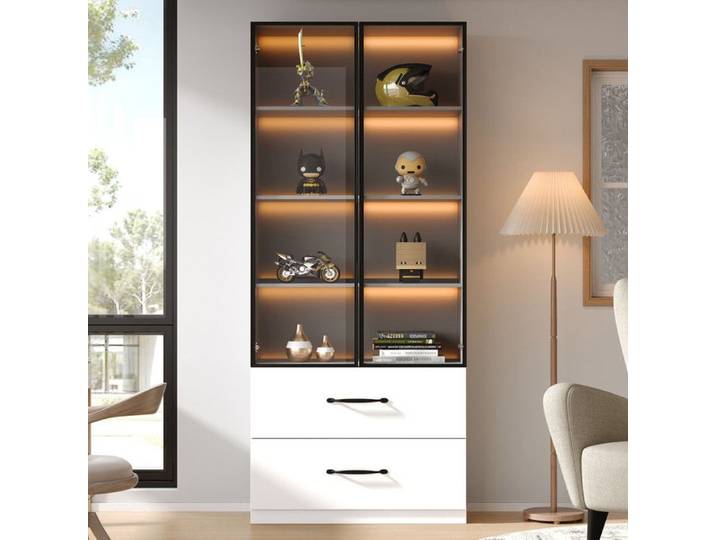 Vitrine LED en verre - 60x40x160 cm - Blanc - Éclairage LED multicolore - Portes en verre trempé - Cadre en aluminium