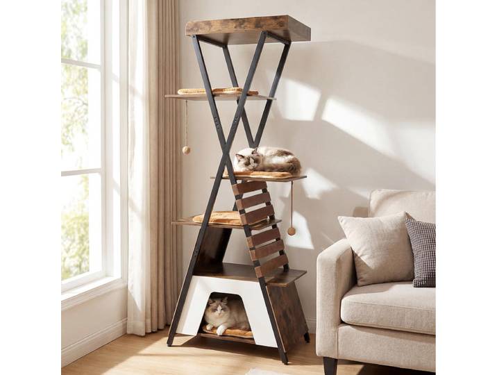 Arbre à chat d'intérieur moderne avec surface d'escalade surélevée et grande niche pour chat, brun