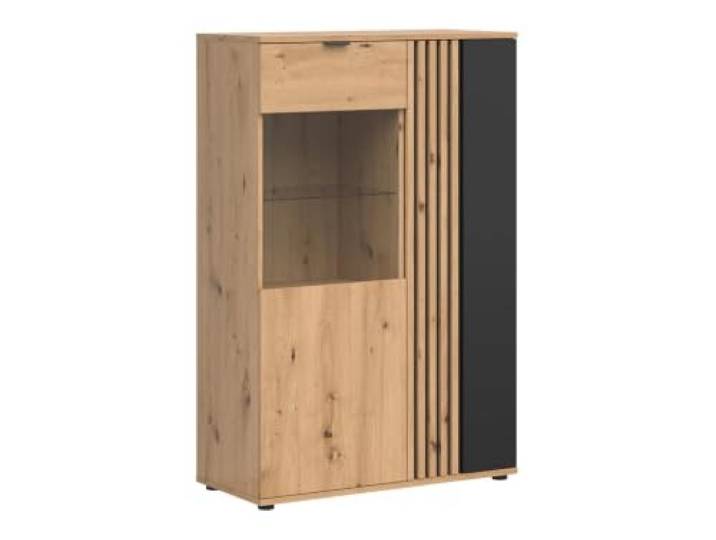 Vitrine Vabres 90 cm 2-türig Glas 6 Böden Artisan Eiche / Schwarz Niedriger Vitrinenschrank mit verglastem Fach und Stauraum 90,5 x 40 x 137,5 cm für Wohnzimmer, Esszimmer und Arbeitszimmer