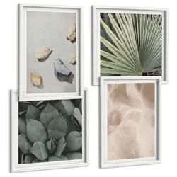 BILDER SET 4er Set - 50x50 cm & 40x60 cm Weißer Rahmen - Steine, Holz, Stofftexturen