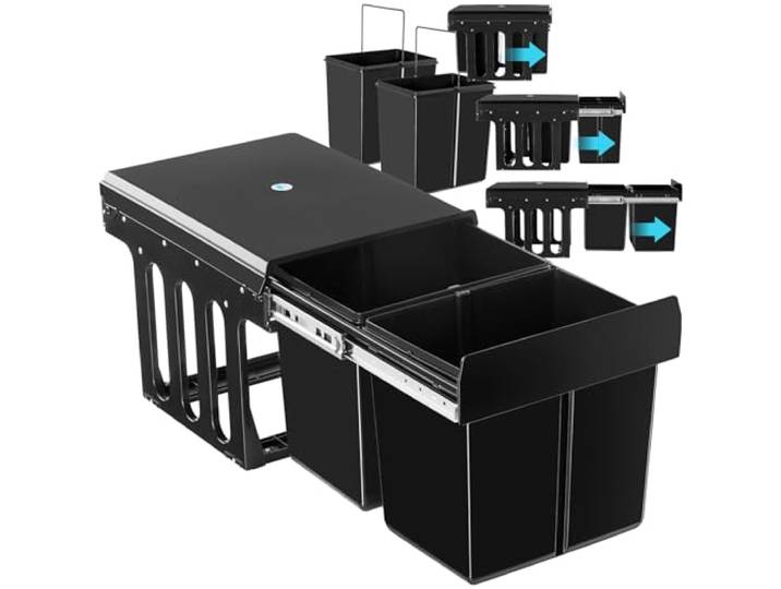 tectake® Poubelle de tri encastrable 30 L\, Rails télescopiques coulissants 2 compartiments de 15L\, Plastique robuste\, 35x48x35 cm\, pour placards de min. 40 cm de largeur\, sous Évier\, Bac de Tri\, noir