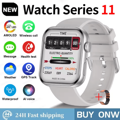 Inspire Curations S11 AMOLED GPS Smartwatch With Bluetooth Call, Waterproof & Sports Tracking silvery Leather