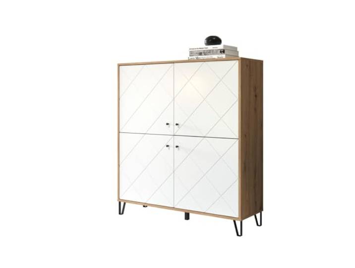 trendteam smart living - Touch - Sideboard - Weiß/Eiche - Highboard mit 4 Türen und 3 Einlegeböden - Fronten mit dekorativer Fräsung - (BxHxT) 123 x 136 x 40 cm - extravagante schwarze Metallfüße