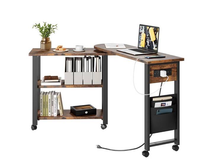Table basse pivotante - LUNSY - 360° - 6 roulettes verrouillables - Station de charge intégrée - 2 ports USB