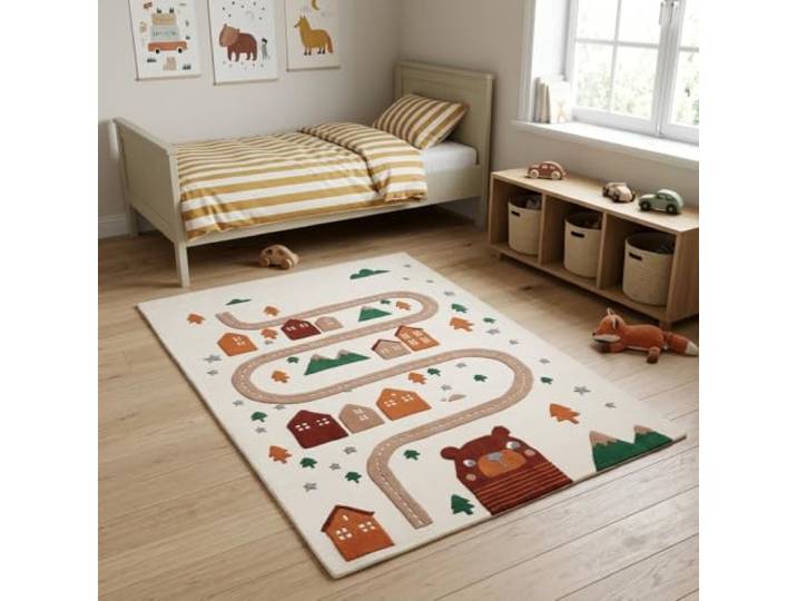 Morgenland Kinderteppich Handgetuftet Wolle Creme 160x230cm 100% Schurwolle, Kollektion Kids, Kinderzimmer, Handarbeit, Rechteckig