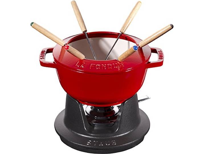 STAUB Fondue Set mit 6 Gabeln, Gusseisen, Rund, 18 cm, 1,6 l, Geeignet für Käse- Schoko- und Fleisch-Fondue, Made in France, Kirsch-Rot