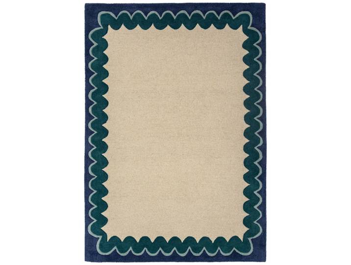 Tapis en laine beige à bordure bleue et verte 200x290cm