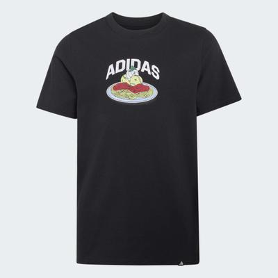 T-Shirt ADIDAS SPORTSWEAR "PASTA GRAPHIC JUNIOR", Jungen, Gr. 128, schwarz, Obermaterial: 100% Baumwolle, Shirts T-Shirt, mit auffälligem Grafikprint zum Thema Essen, aus Baumwolle, für Kinder