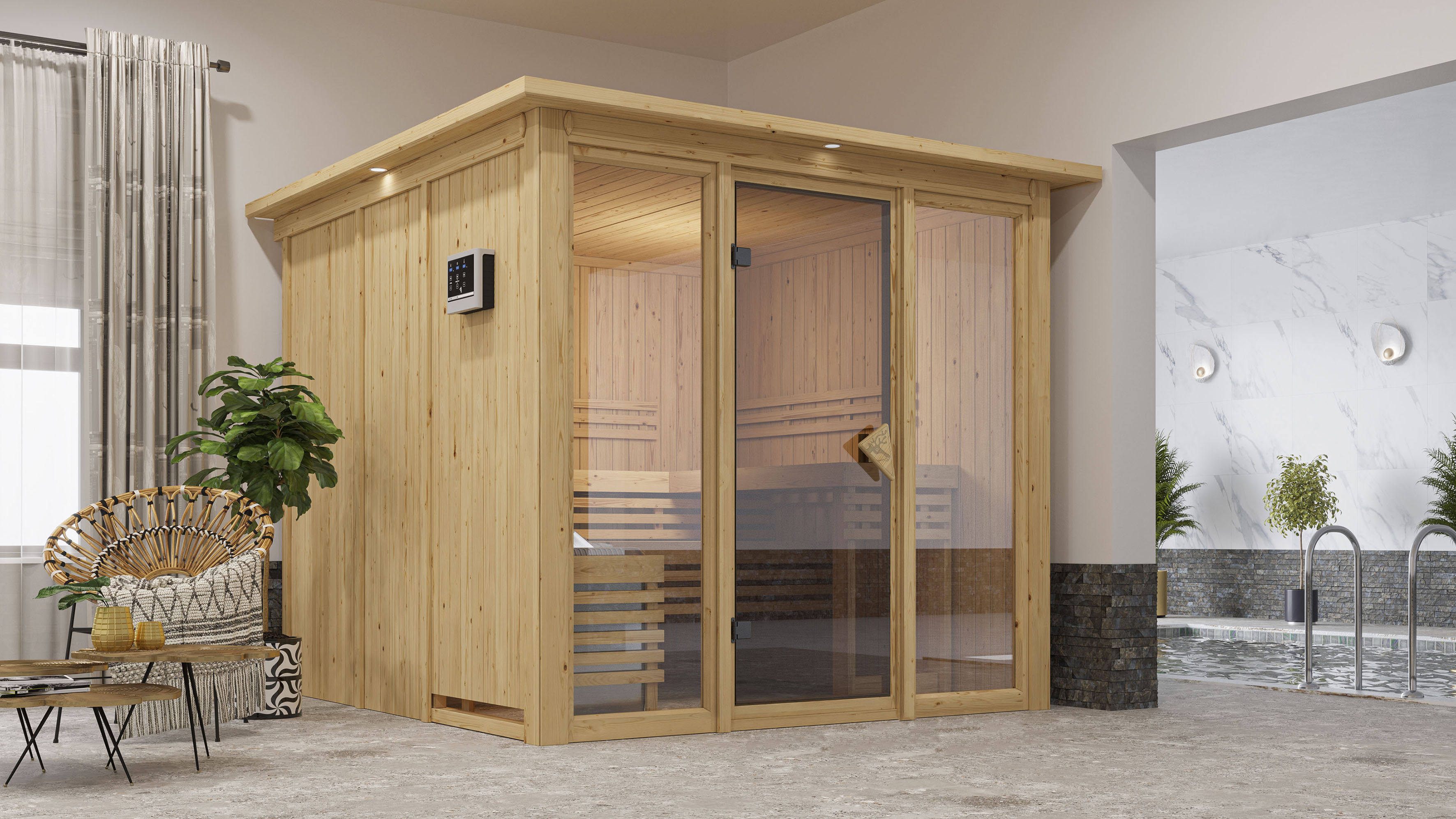 Sauna WELLTIME "Artja", beige (natur), Saunaofen, externe Steuerung, 9 kW, Saunen, Sauna, Ofen 9 KW externe Strg easy
