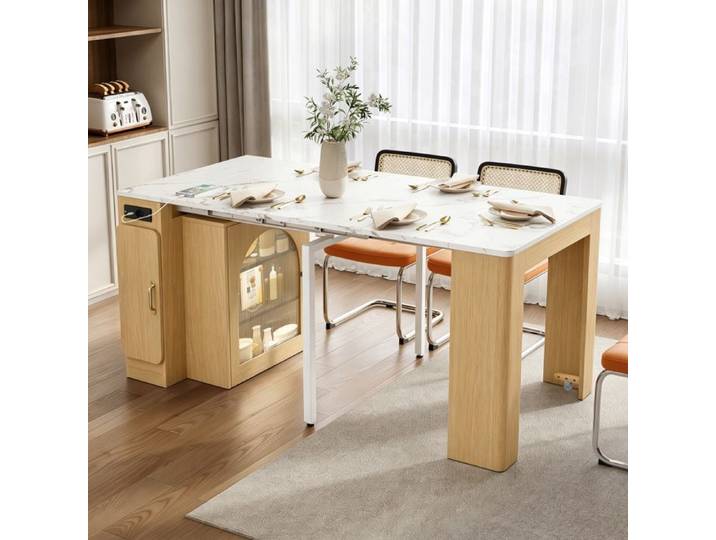 Îlot de cuisine sur roulettes- table à manger escamotable avec plateau amovible- chariot de mobile avec multiprise- buffet- naturel