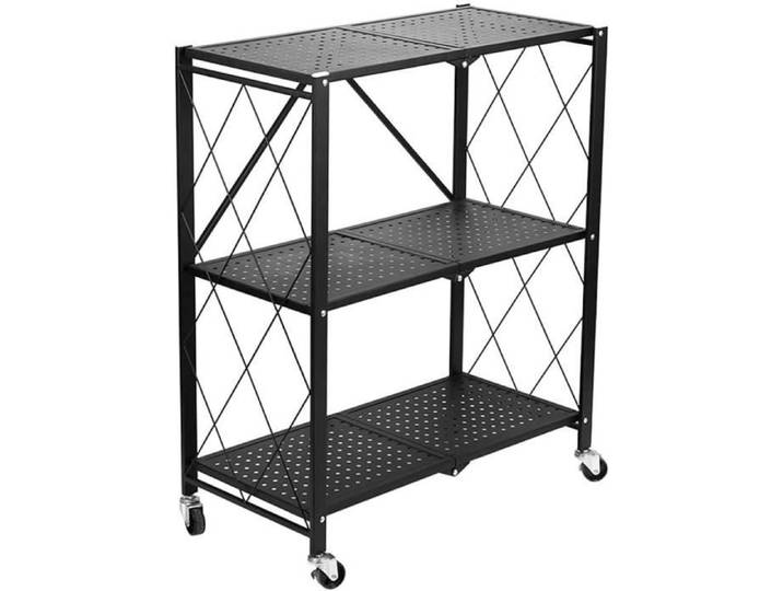 Meuble de rangement - CDF - Desserte pliable - 3 étagères - Métal noir - Roulettes verrouillables