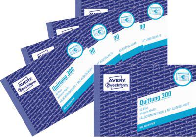 Quittung Avery Zweckform 300-5, inkl. MwSt., A6 Querformat, 5 Blöcke mit jeweils 50 Blatt, FSC®-Papier, weiß