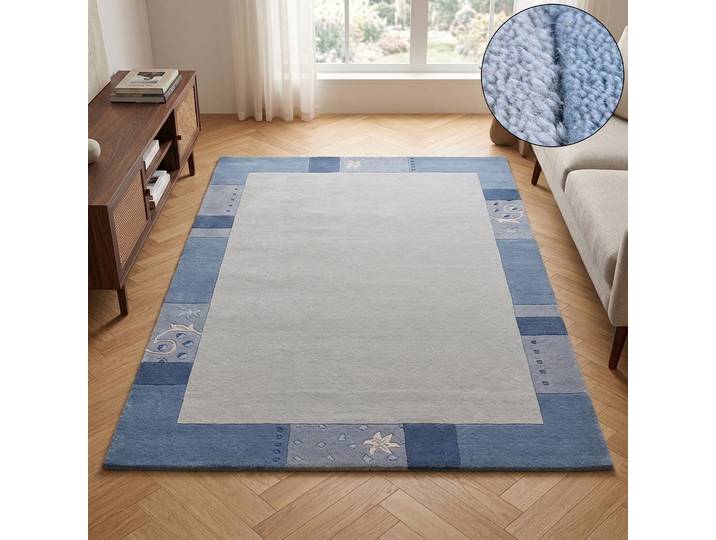 Wollteppich THEKO Royal Ganges , blau (hellblau), B:60cm H:13mm L:90cm, Viskose, Wolle, Teppiche, Wollteppich, 95% Wolle, mit Bordüre, auch in rund, Wohnzimmer, Schlafzimmer