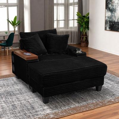 "54"" Corduroy Single-Seater Sofa with Ottoman, Bluetooth Speaker, USB Ports, and 180° Rotating Table Board"