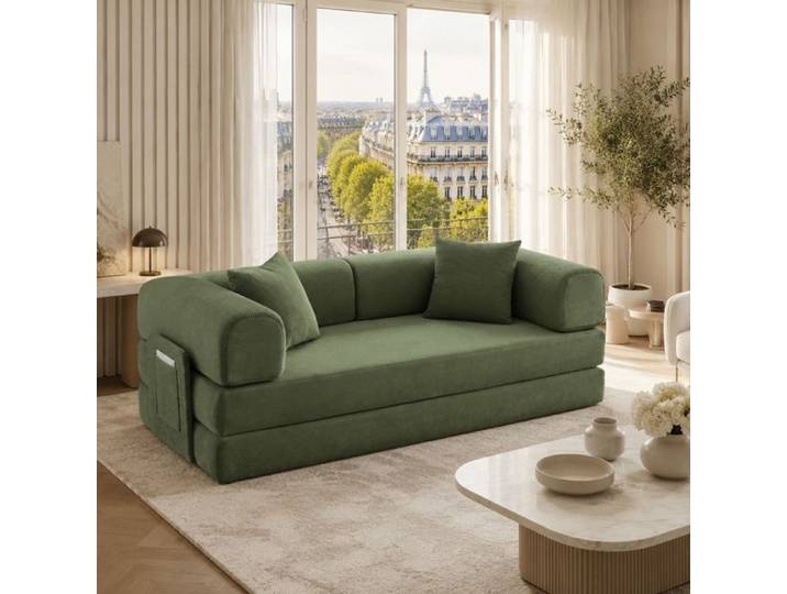 ULEVR Canapé convertible 3 places en lit mousse vert revêtement velours côtelé 2 coussins inclus