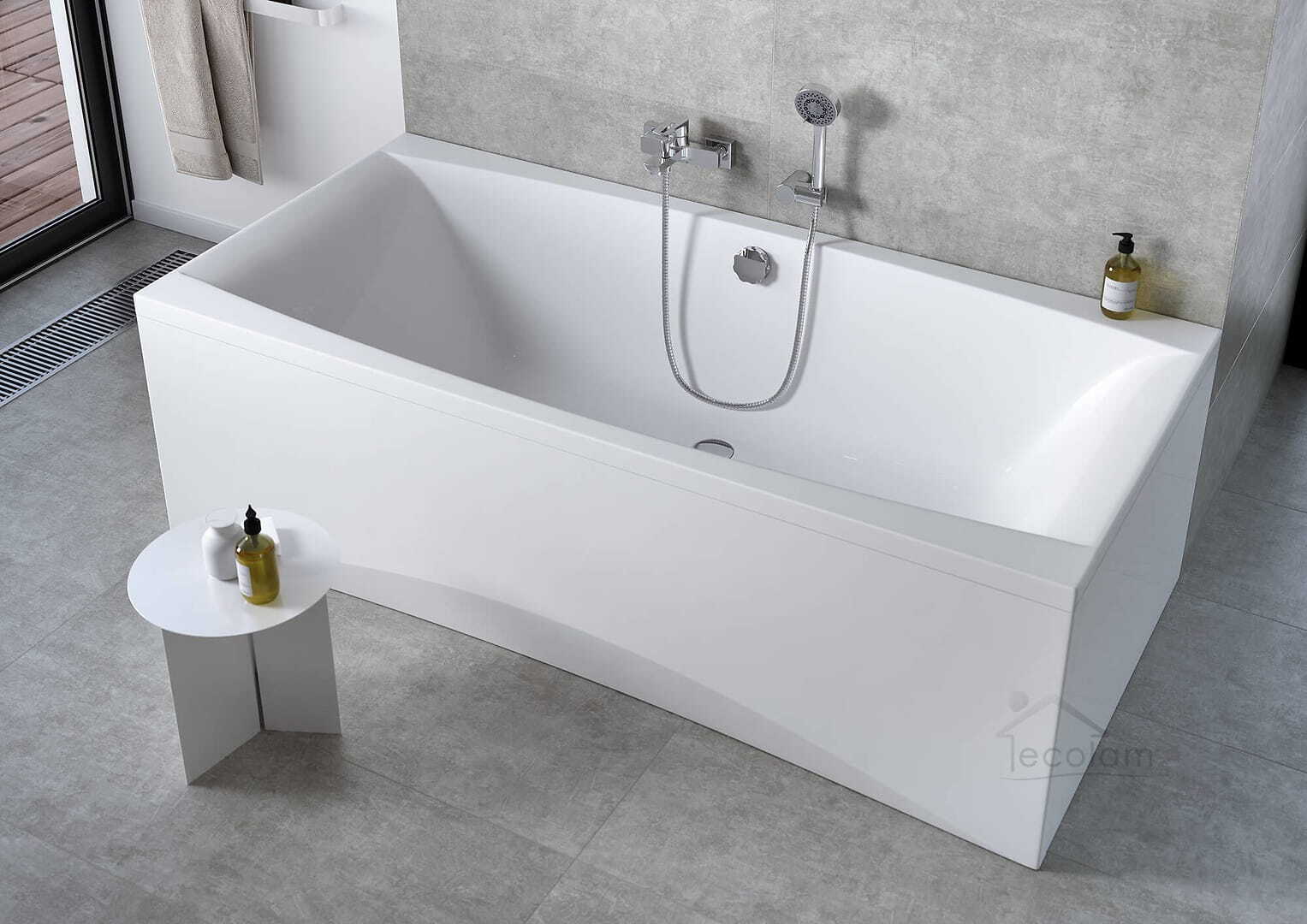 ECOLAM Badewanne Wanne Rechteckbadewanne Acryl weiß Vi 190x90 cm + Schürze + Ablaufgarnitur Ab- und Überlauf Automatik Füße Silikon