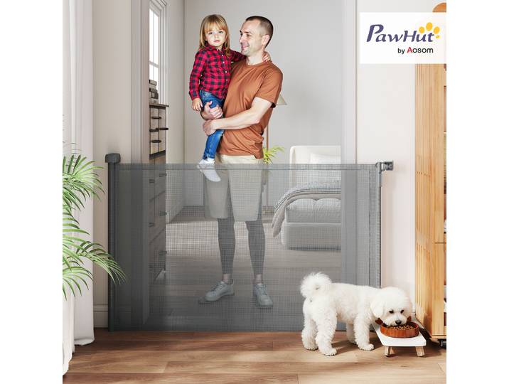 PawHut Barrière Rétractable Chiens Extensible 140cm Gris