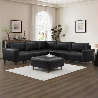 Modern Modular Sectional Sofa with Reversible Ottoman, Breathable PU Leather and Solid Wood Legs by GDFStudio