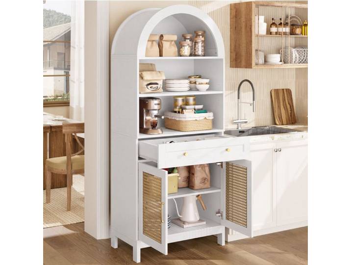 HOMVRA Vitrine haute 70 x 40 x 170 cm 3 niches 1 tiroir et 2 portes en cannage blanc aspect bois