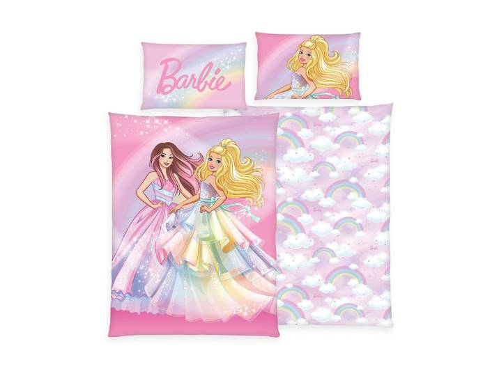 Kinderbettwäsche HERDING Barbie, 160 x 210 cm + 65 x 100 cm , bunt, Renforcé (Bio-Baumwolle), B/L:, Renforcé (Bio-Baumwolle), Obermaterial: 100% Baumwolle, Bettwäsche, Kinderbettwäsche