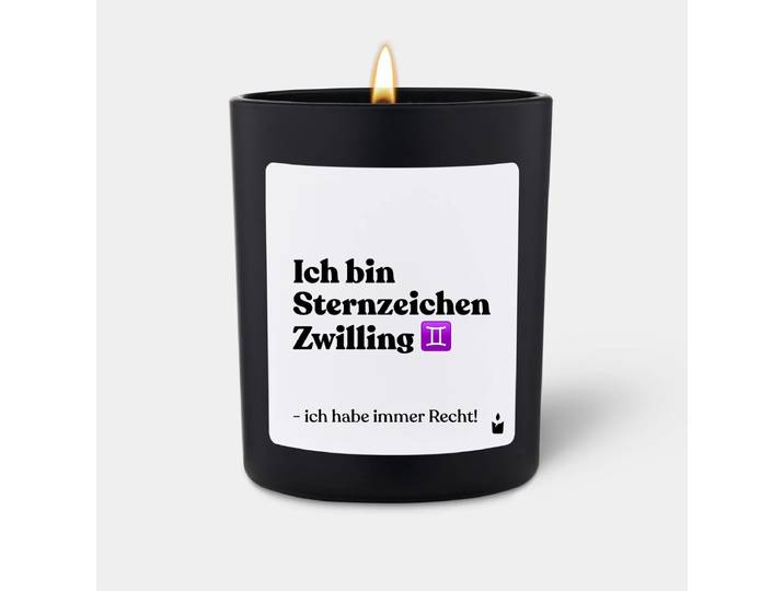 Duftkerze Schwarz Woody Ich bin Sternzeichen Zwilling - ich habe immer Recht!