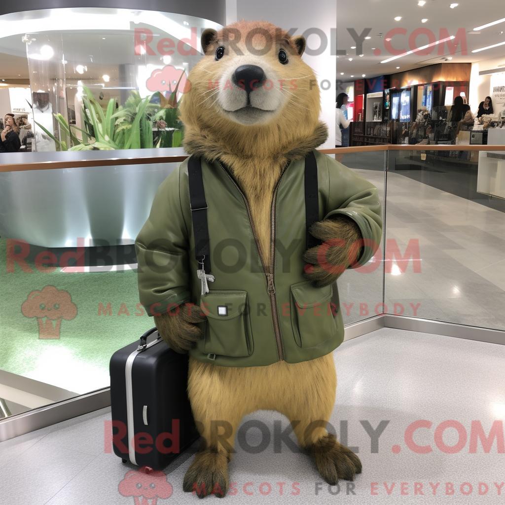 Maskottchen-Charakter REDBROKOLY eines olivfarbenen Capybaras mit Lederjacke und Aktentasche
