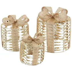 ECD Germany LED Geschenkboxen 3er-Set, Gold, 135 warmweiße LEDs, Batteriebetrieb, Timer, Weihnachtsdeko
