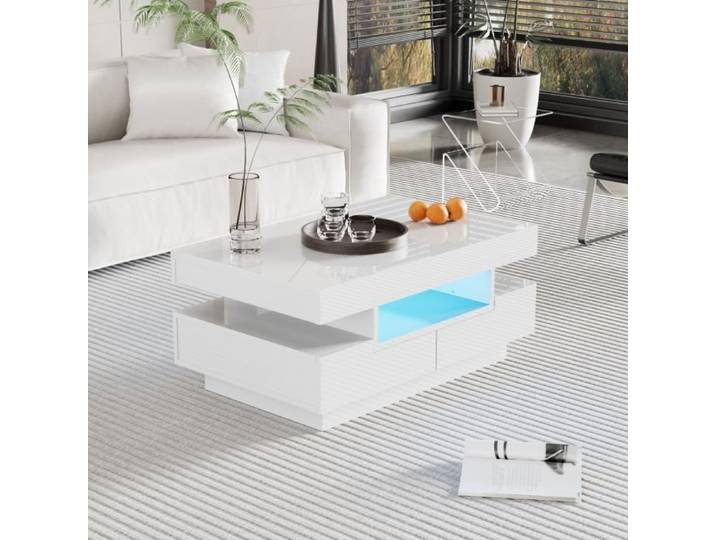 Table basse - LEYTN - 80x50x36 cm - Bois - LED - 4 tiroirs cachés