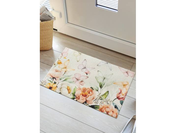Ansprechende Fußmatte mit Blüten und Schmetterlinge, Bunt