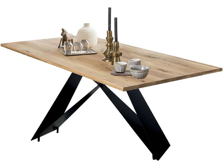 Esstisch SIT Como aus Wildeiche massiv geölt mit 40-mm-Platte & Cross-Base-Gestell , braun (natur, schwarz, schwarz, natur), B:180cm H:75,4cm T:100cm, Wildeiche geölt, Metall (Eisen), Tische, Esstisch, Geölte Wildeiche mit natürlicher Maserung und Lamellenstruktur
