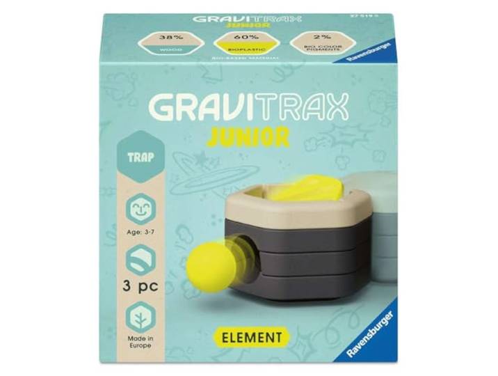 Ravensburger GraviTrax Junior Element Trap - Uitbreidbare ballenbaan voor kinderen, knikkerbaan voornamelijk gemaakt van hernieuwbare grondstoffen met themawerelden
