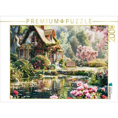 CALVENDO Puzzle Cottage mit üppigem Rosengarten am Teich | 2000 Teile Lege-Größe 90x67cm Foto-Puzzle für glückliche Stunden